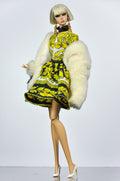 OOAK | Golden Opulence Dress Set for Fashion Royalty Doll | 1/6 Scale Luxury Baroque Mini Dress with Faux Fur Coat | Collector Doll Clothes by Plastik Tiara