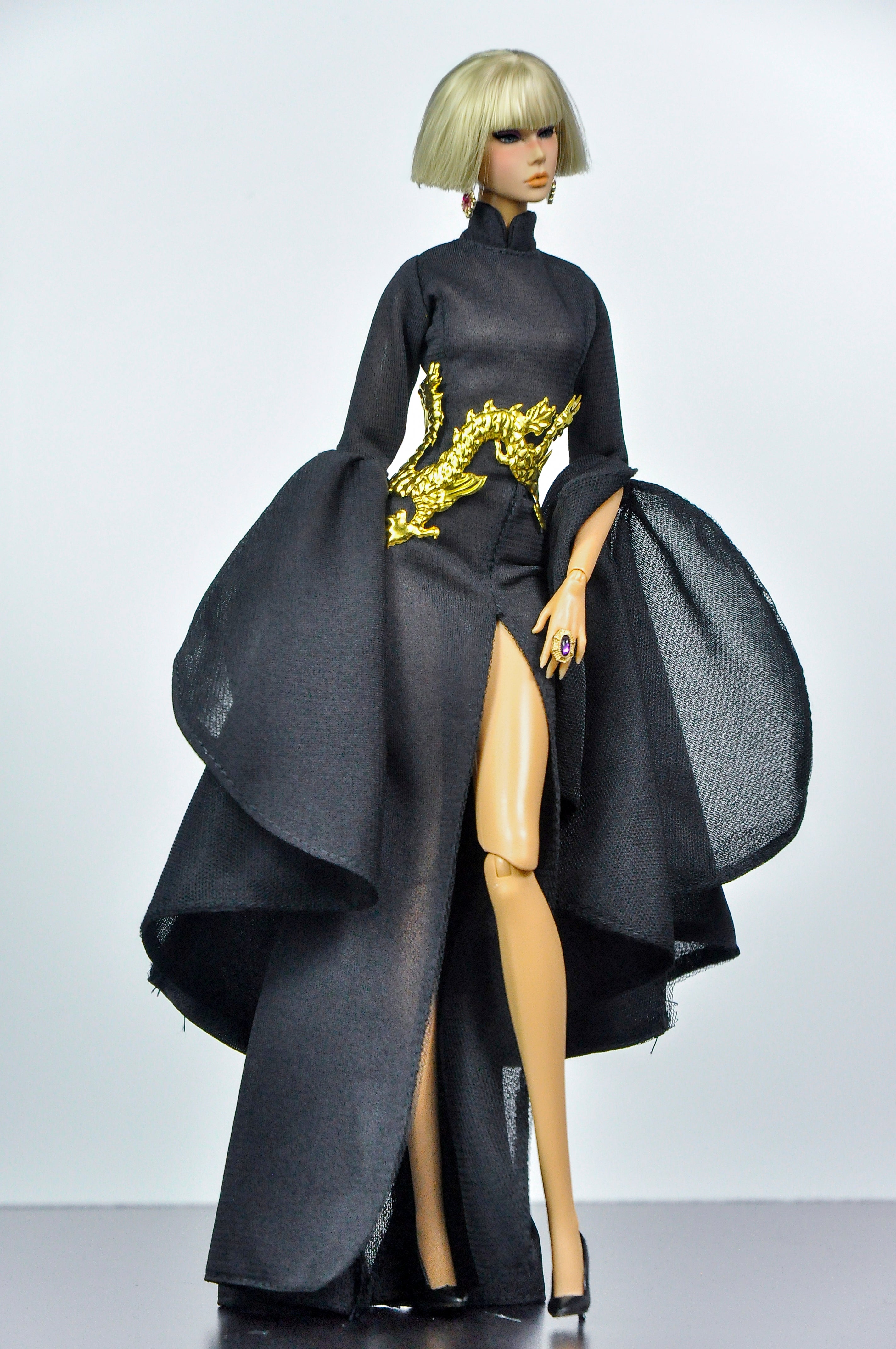 BASIC | Black Dragon Couture Gown for Fashion Royalty Dolls | OOAK High Fashion Doll Clothes by Plastik Tiara
