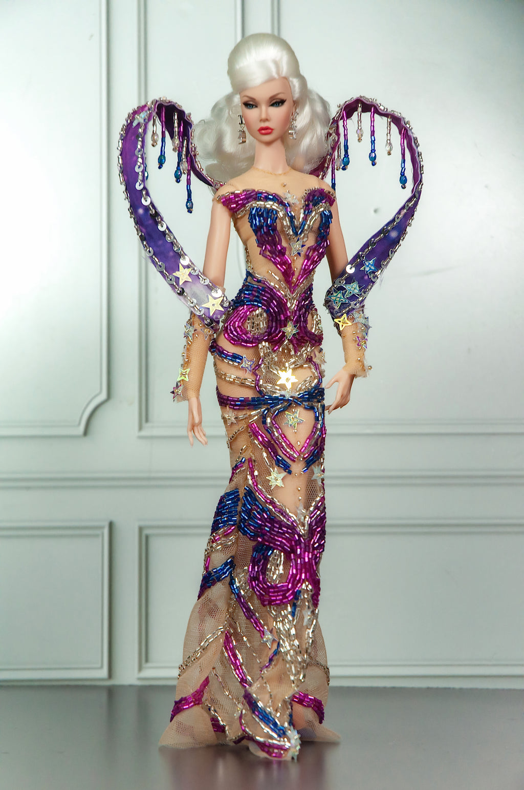 HAUTE | CELESTIAL SERAPH | Purple Celestial Beaded Couture Gown with Sculptural Wings for Fashion Royalty 1/6 Doll | PLASTIKTIARA