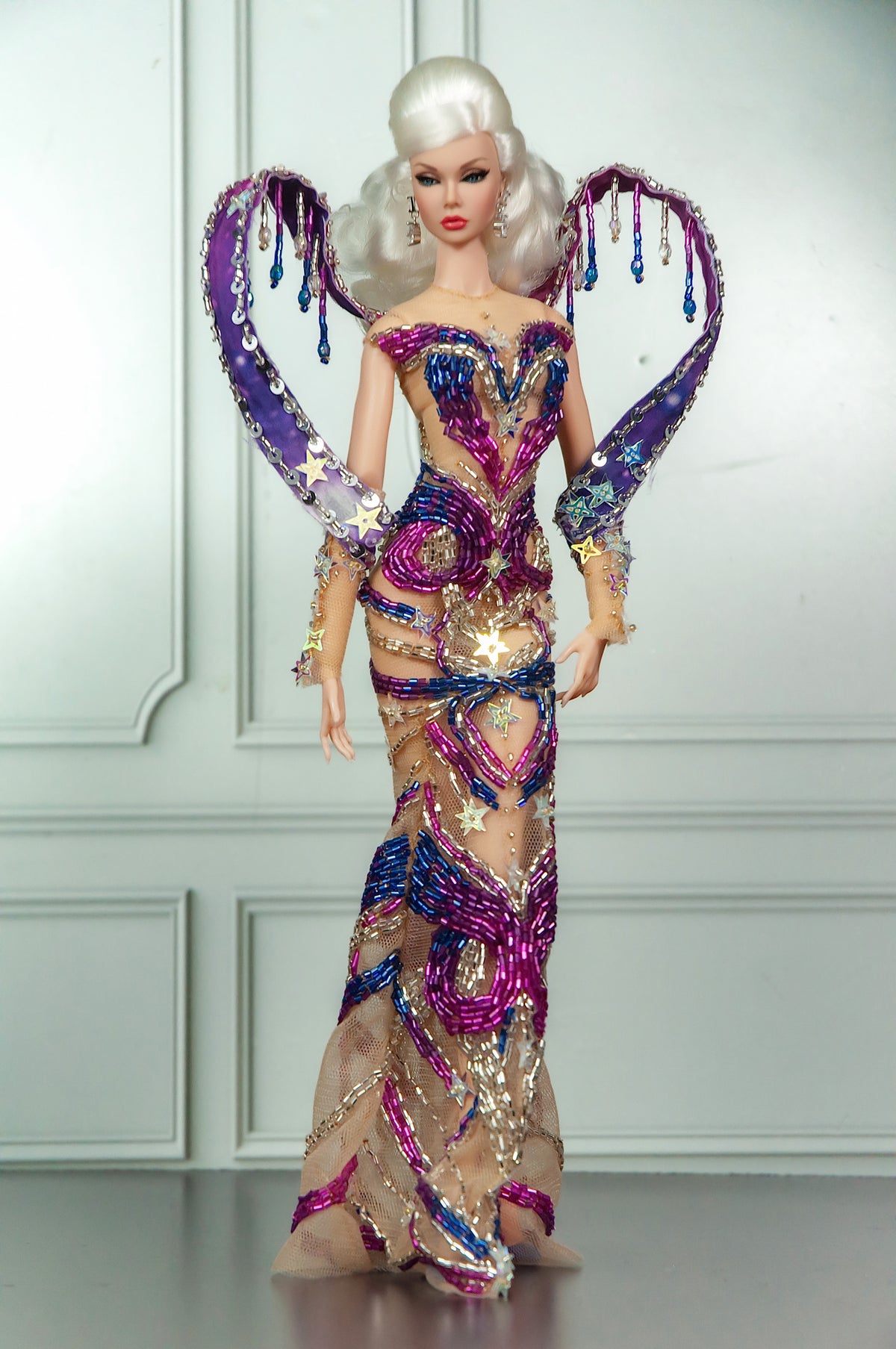 HAUTE | CELESTIAL SERAPH | Purple Celestial Beaded Couture Gown with Sculptural Wings for Fashion Royalty 1/6 Doll | PLASTIKTIARA