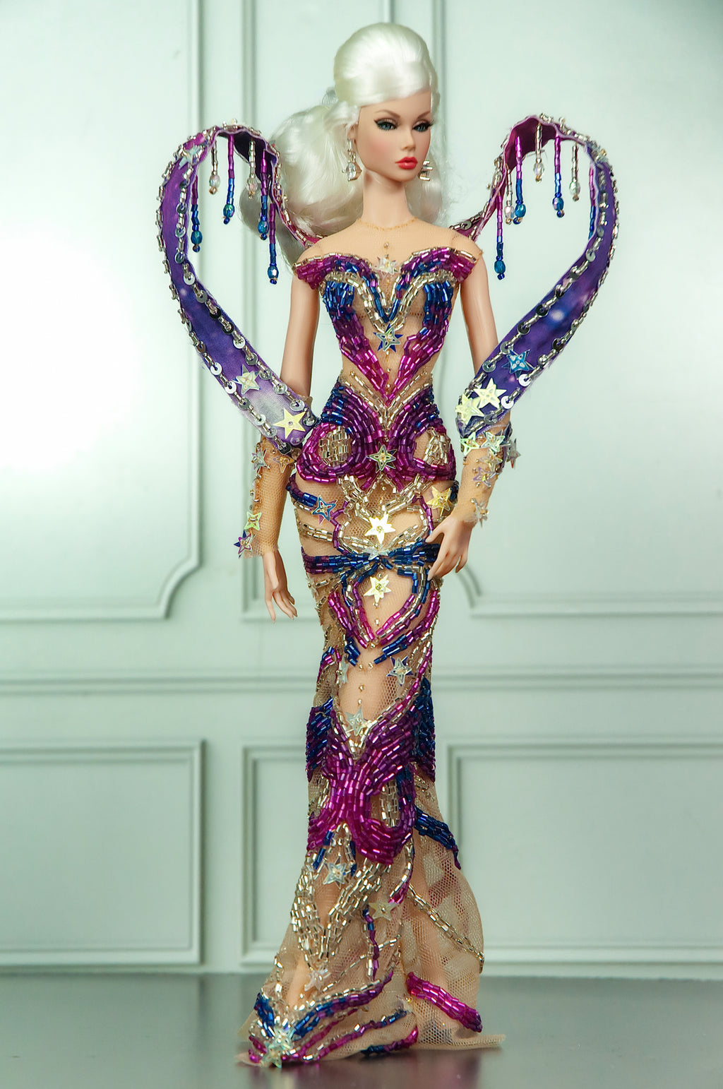 HAUTE | CELESTIAL SERAPH | Purple Celestial Beaded Couture Gown with Sculptural Wings for Fashion Royalty 1/6 Doll | PLASTIKTIARA
