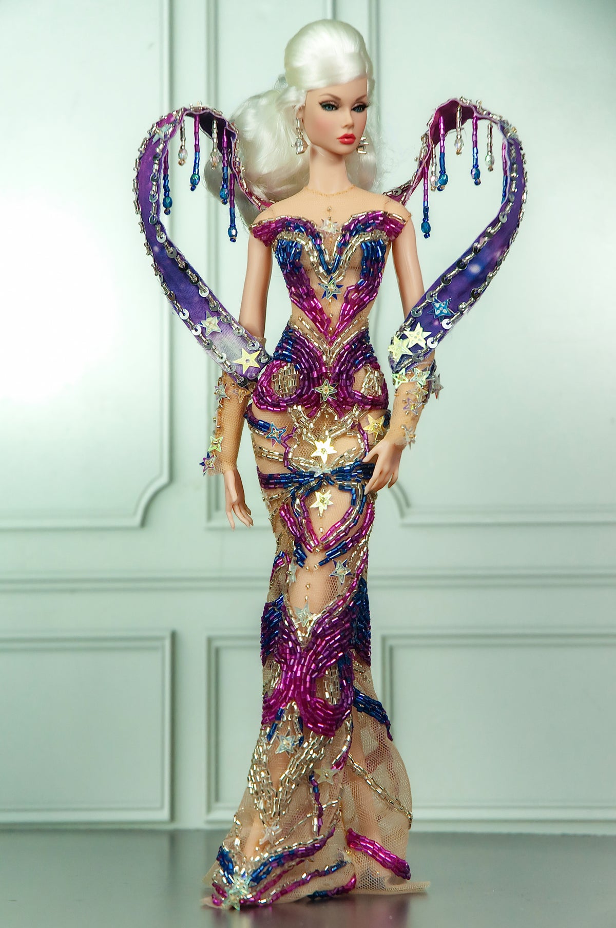 HAUTE | CELESTIAL SERAPH | Purple Celestial Beaded Couture Gown with Sculptural Wings for Fashion Royalty 1/6 Doll | PLASTIKTIARA