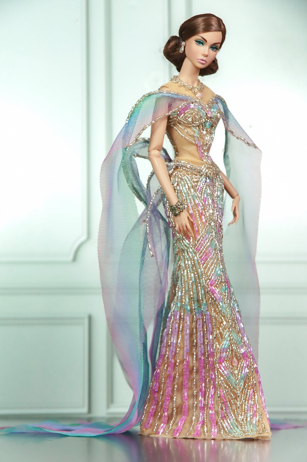 HAUTE | AURORA VEIL | Iridescent Beaded Couture Gown with Draped Cape for Fashion Royalty 1/6 Doll | PLASTIKTIARA