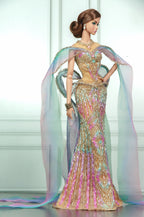 HAUTE | AURORA VEIL | Iridescent Beaded Couture Gown with Draped Cape for Fashion Royalty 1/6 Doll | PLASTIKTIARA