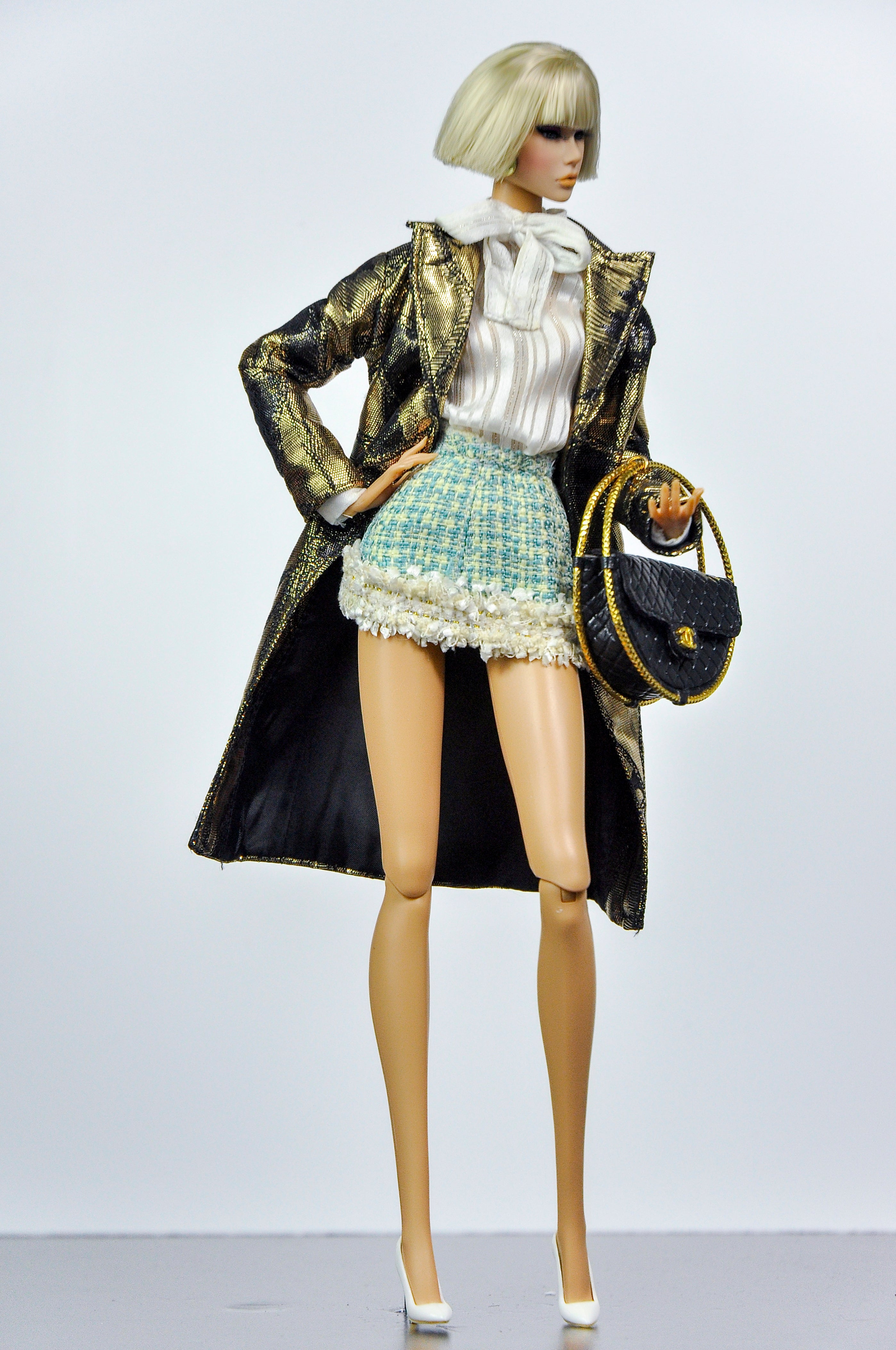 CULINARY CAPTIVATING | Parisian Bow Blouse & Tweed Mini Skirt Set for Fashion Royalty Dolls | 1/6 Scale Doll Clothes by Plastik Tiara