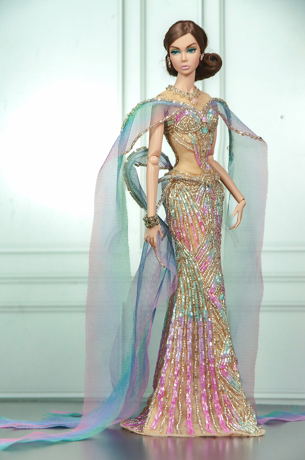 HAUTE | AURORA VEIL | Iridescent Beaded Couture Gown with Draped Cape for Fashion Royalty 1/6 Doll | PLASTIKTIARA