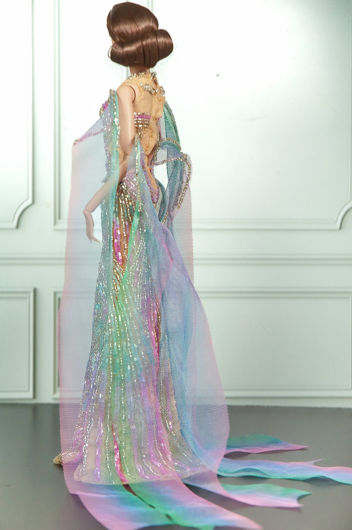 HAUTE | AURORA VEIL | Iridescent Beaded Couture Gown with Draped Cape for Fashion Royalty 1/6 Doll | PLASTIKTIARA