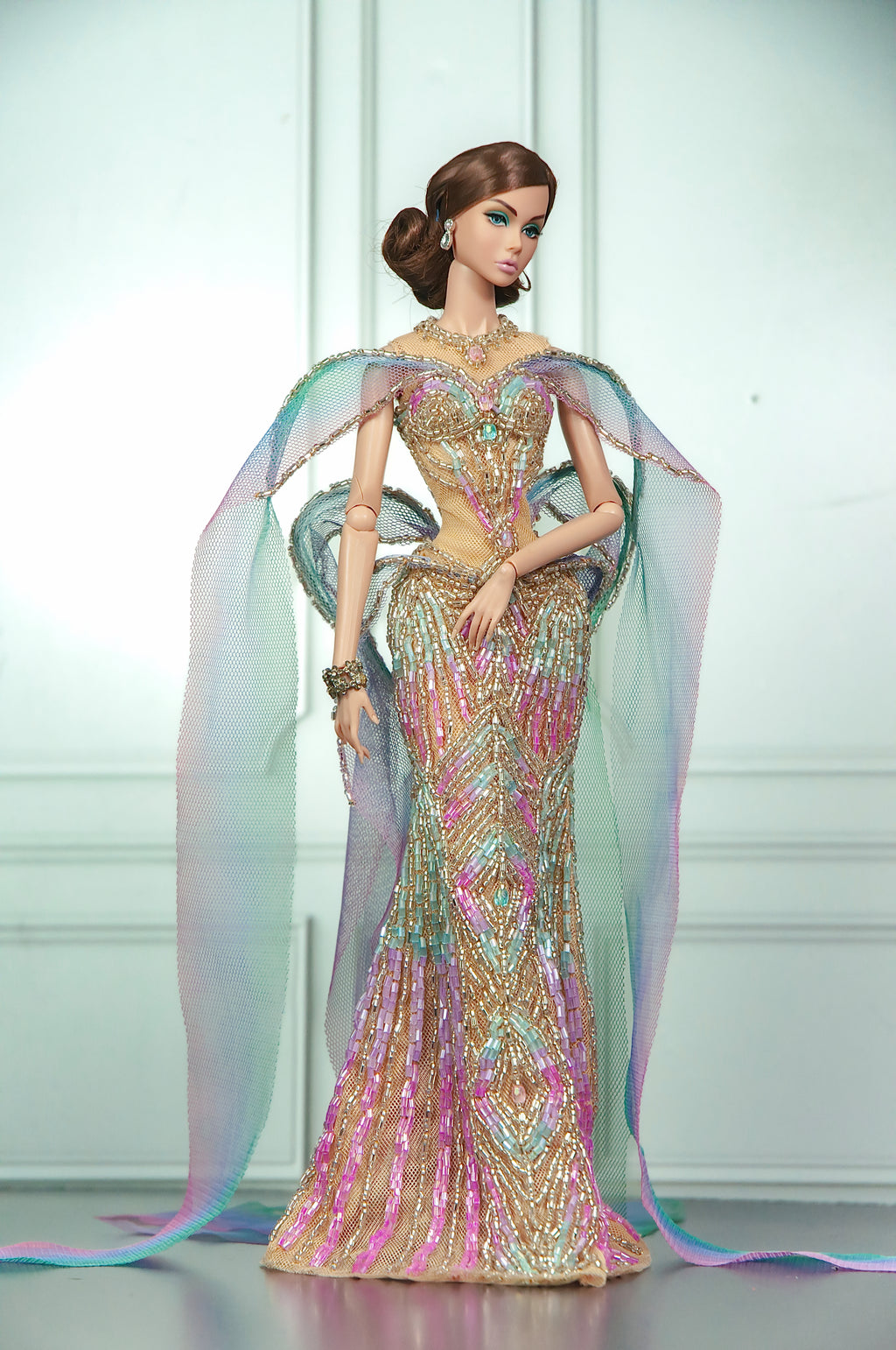 HAUTE | AURORA VEIL | Iridescent Beaded Couture Gown with Draped Cape for Fashion Royalty 1/6 Doll | PLASTIKTIARA