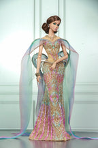 HAUTE | AURORA VEIL | Iridescent Beaded Couture Gown with Draped Cape for Fashion Royalty 1/6 Doll | PLASTIKTIARA