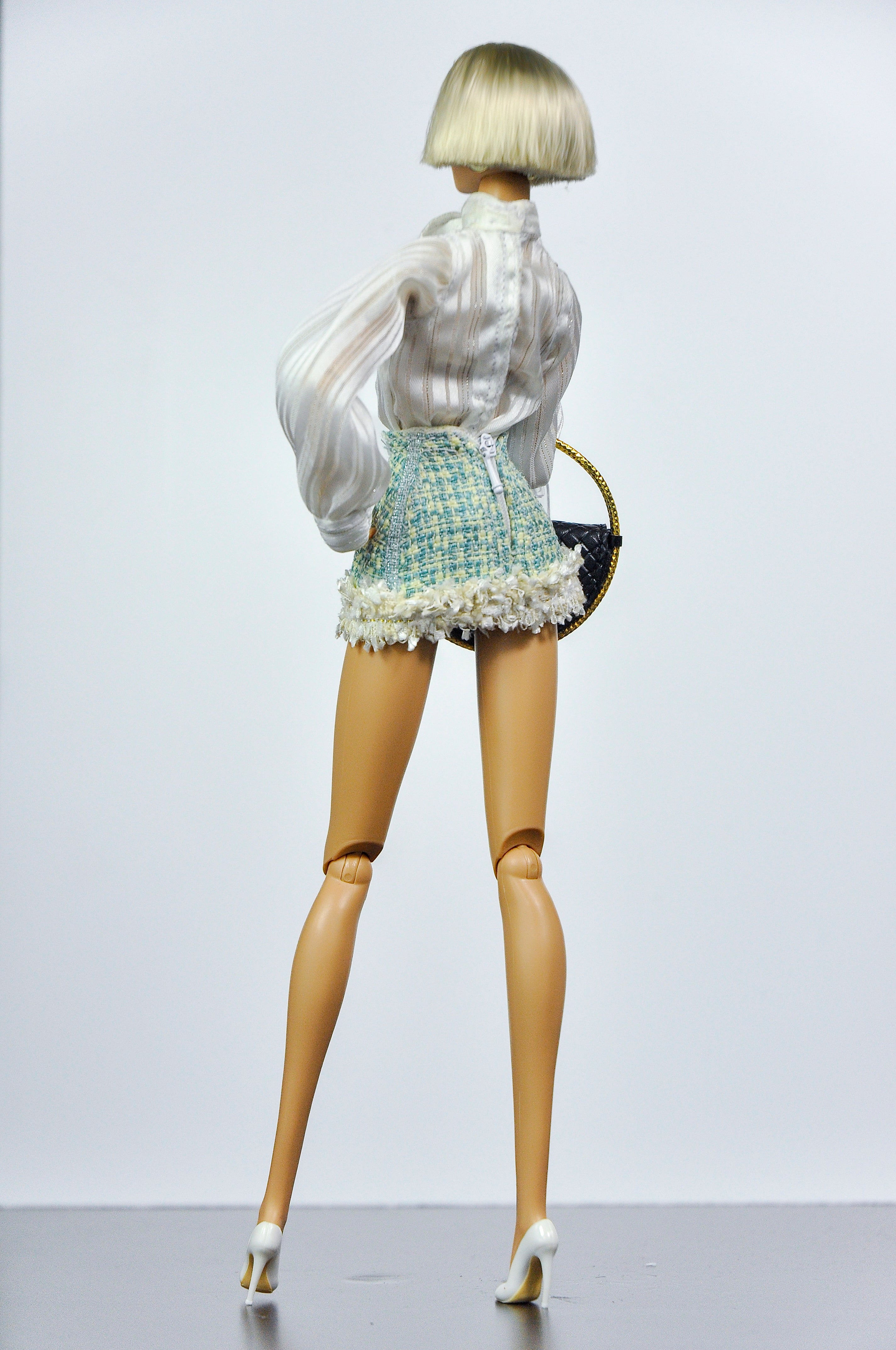 CULINARY CAPTIVATING | Parisian Bow Blouse & Tweed Mini Skirt Set for Fashion Royalty Dolls | 1/6 Scale Doll Clothes by Plastik Tiara