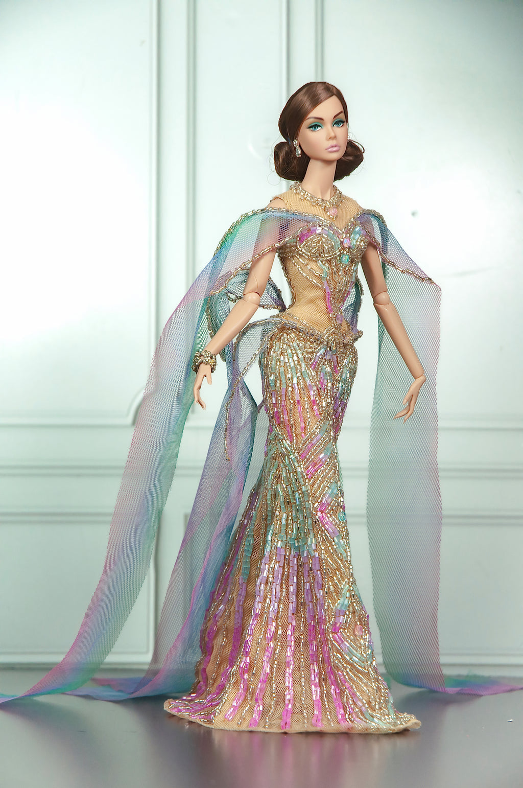 HAUTE | AURORA VEIL | Iridescent Beaded Couture Gown with Draped Cape for Fashion Royalty 1/6 Doll | PLASTIKTIARA