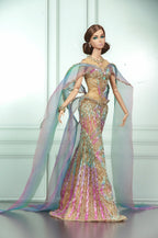 HAUTE | AURORA VEIL | Iridescent Beaded Couture Gown with Draped Cape for Fashion Royalty 1/6 Doll | PLASTIKTIARA
