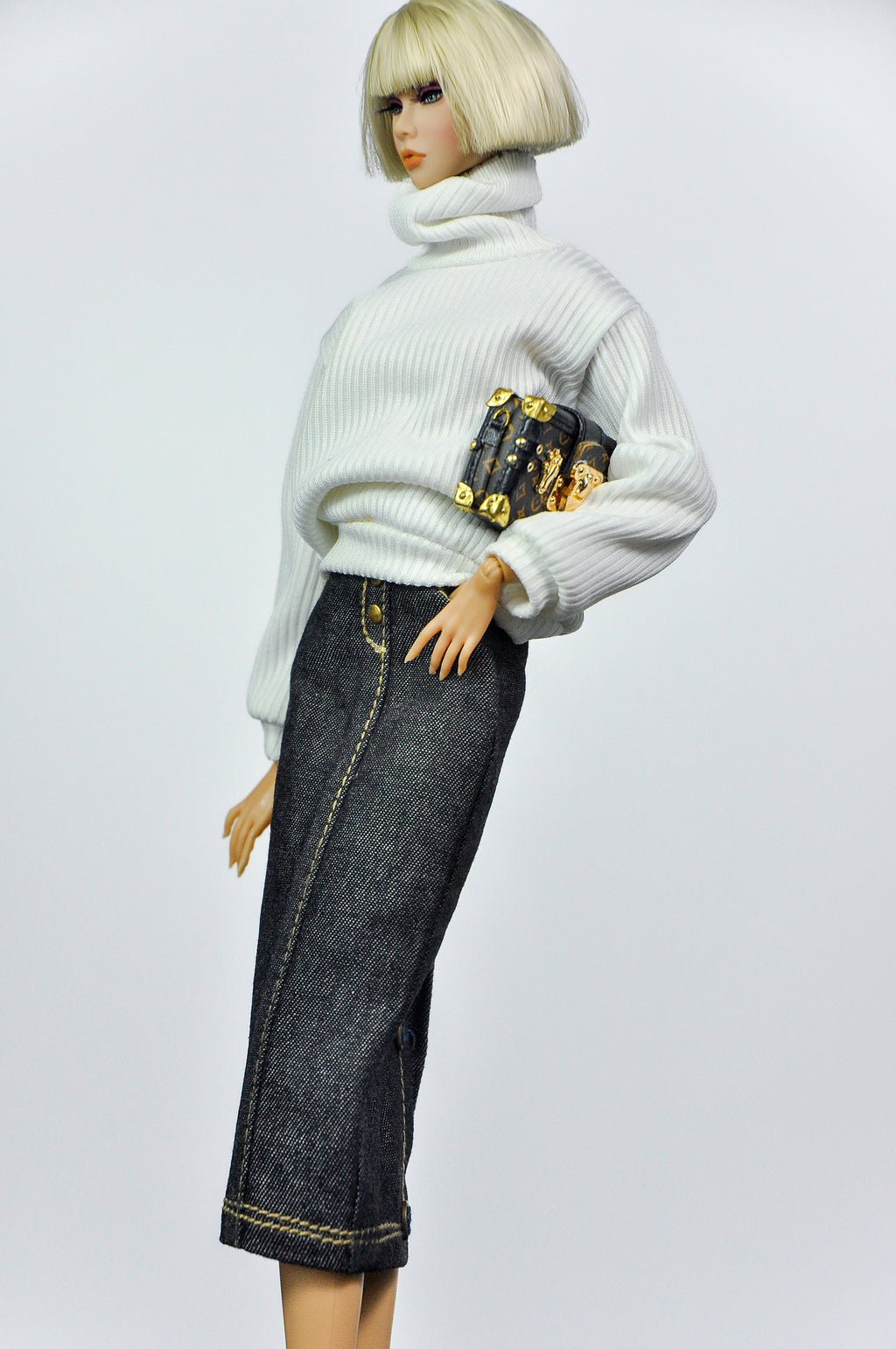 CULINARY CAPTIVATING | Ivory Turtleneck & Denim Pencil Skirt Set for Fashion Royalty Dolls | 1/6 Scale Doll Clothes by Plastik Tiara