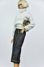 CULINARY CAPTIVATING | Ivory Turtleneck & Denim Pencil Skirt Set for Fashion Royalty Dolls | 1/6 Scale Doll Clothes by Plastik Tiara