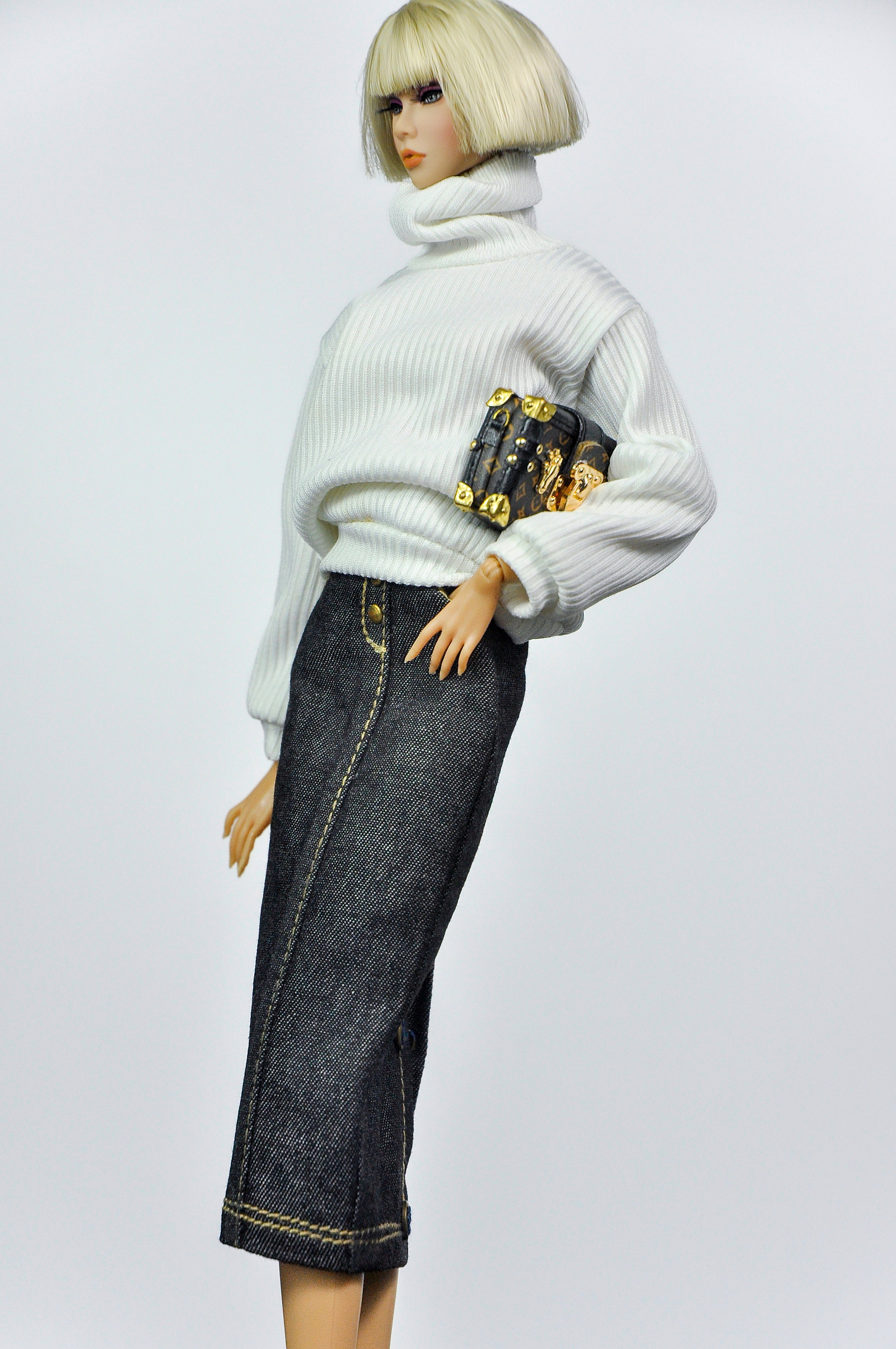 CULINARY CAPTIVATING | Ivory Turtleneck & Denim Pencil Skirt Set for Fashion Royalty Dolls | 1/6 Scale Doll Clothes by Plastik Tiara