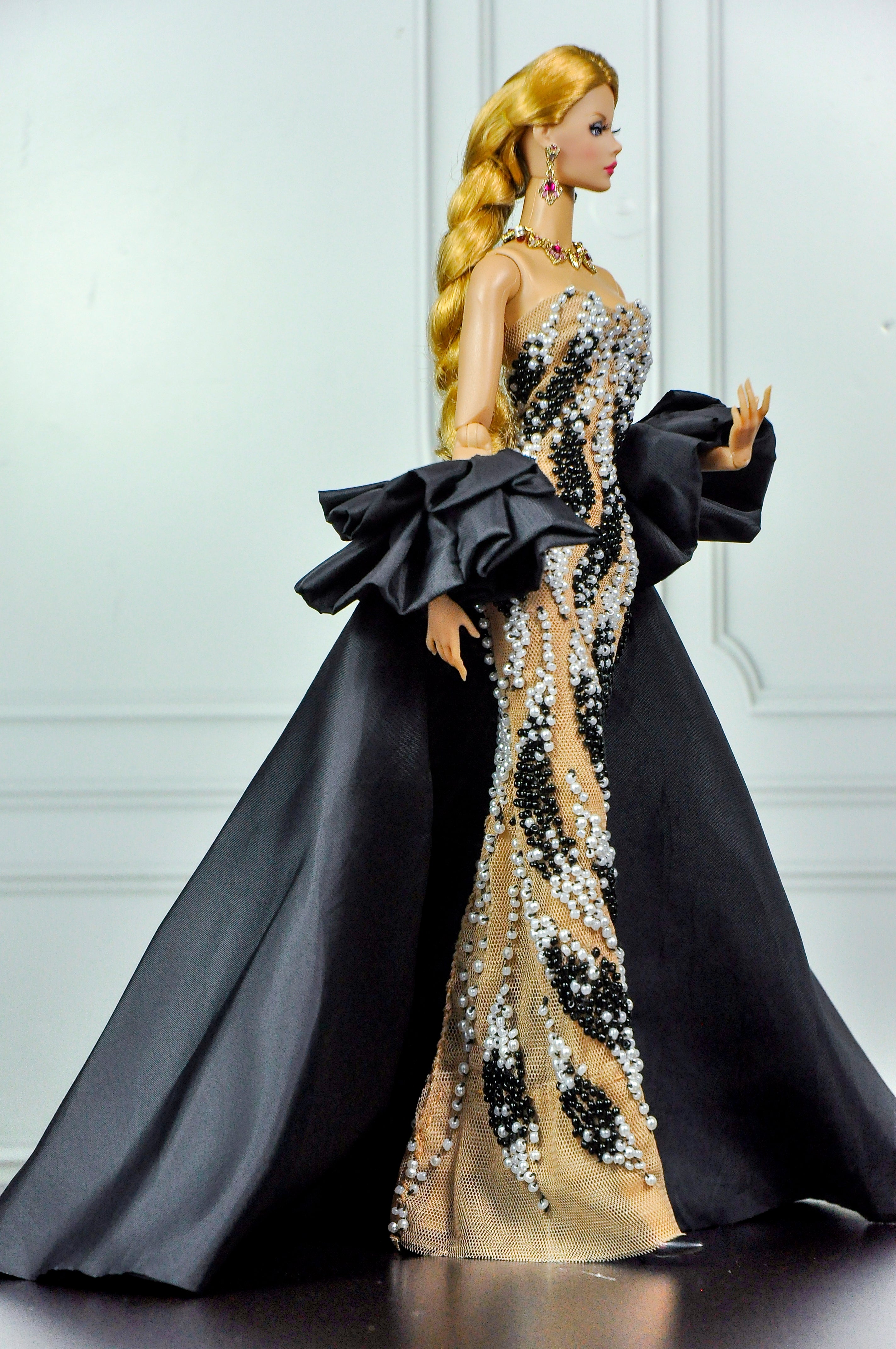 CULINARY CAPTIVATING | Black & Ivory Crystal Couture Gown for Fashion Royalty Dolls | OOAK Hand-Beaded Evening Dress | Integrity Toys 12 Inch Doll Clothes