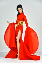 ORDINARY GIRL | Imperial Red Dragon Cape Gown  1/6 Doll Clothes – High Slit Cheongsam Evening Dress with Golden Dragon Armor Detail