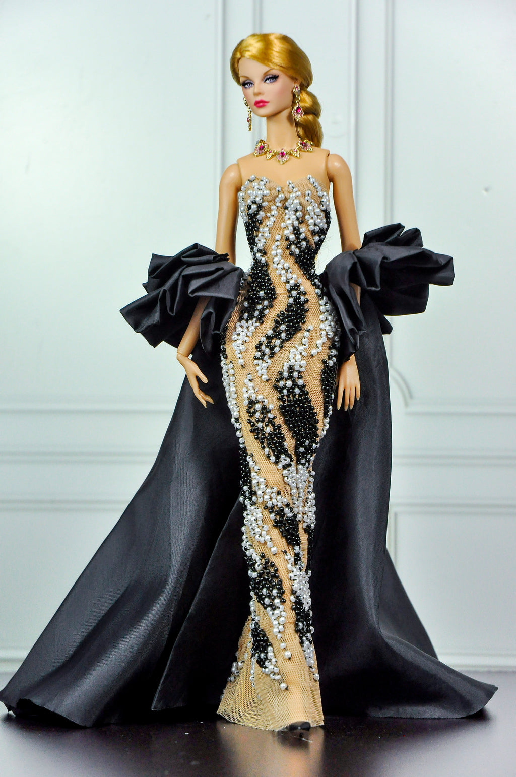 CULINARY CAPTIVATING | Black & Ivory Crystal Couture Gown for Fashion Royalty Dolls | OOAK Hand-Beaded Evening Dress | Integrity Toys 12 Inch Doll Clothes
