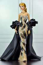 CULINARY CAPTIVATING | Black & Ivory Crystal Couture Gown for Fashion Royalty Dolls | OOAK Hand-Beaded Evening Dress | Integrity Toys 12 Inch Doll Clothes