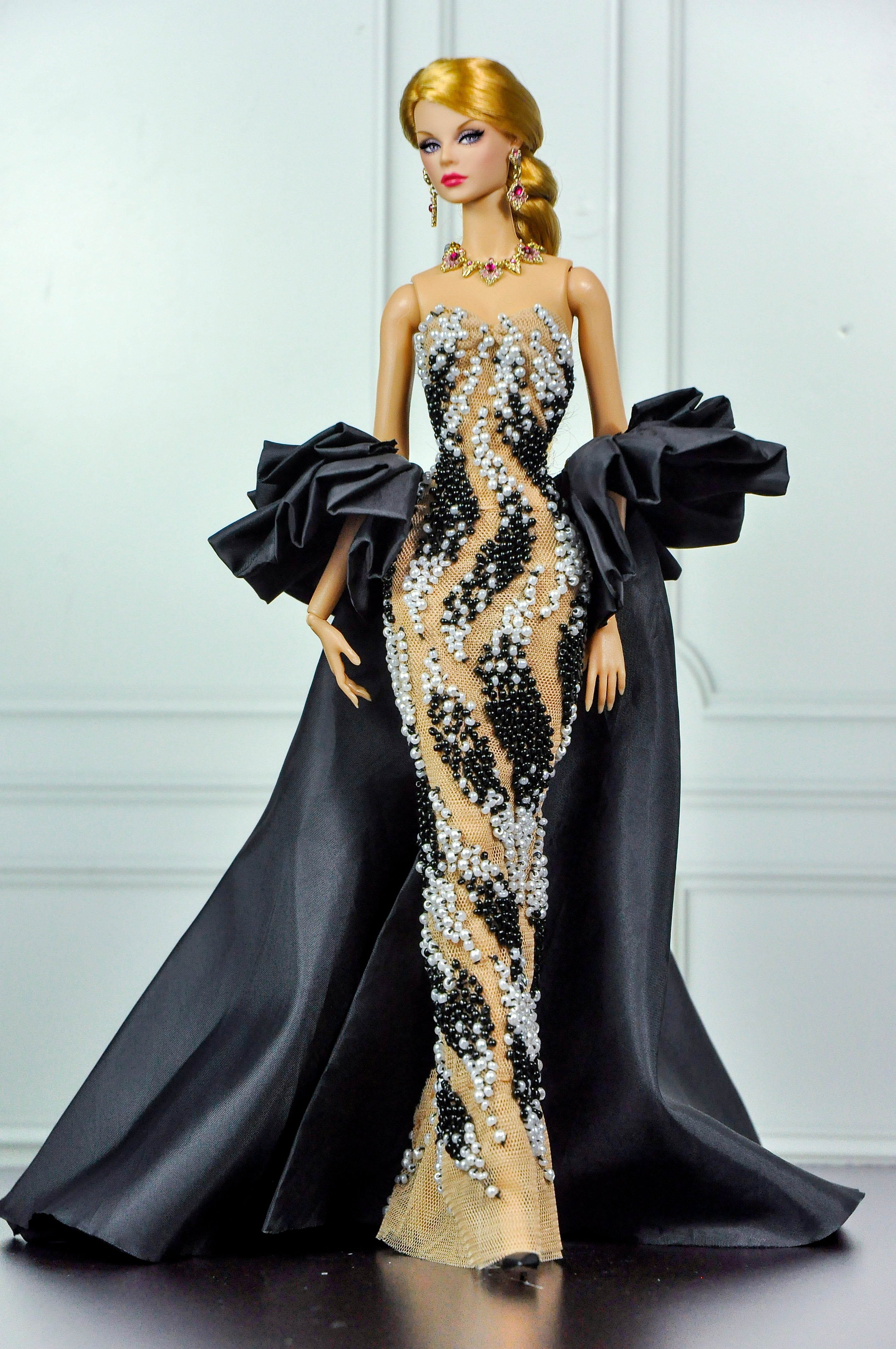 CULINARY CAPTIVATING | Black & Ivory Crystal Couture Gown for Fashion Royalty Dolls | OOAK Hand-Beaded Evening Dress | Integrity Toys 12 Inch Doll Clothes