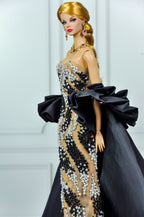 CULINARY CAPTIVATING | Black & Ivory Crystal Couture Gown for Fashion Royalty Dolls | OOAK Hand-Beaded Evening Dress | Integrity Toys 12 Inch Doll Clothes