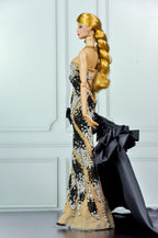 CULINARY CAPTIVATING | Black & Ivory Crystal Couture Gown for Fashion Royalty Dolls | OOAK Hand-Beaded Evening Dress | Integrity Toys 12 Inch Doll Clothes