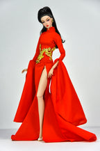 ORDINARY GIRL | Imperial Red Dragon Cape Gown  1/6 Doll Clothes – High Slit Cheongsam Evening Dress with Golden Dragon Armor Detail