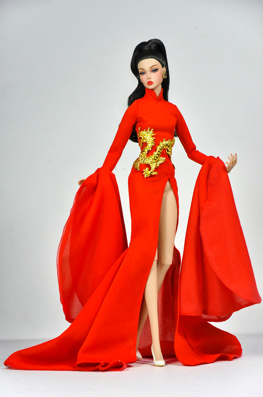 ORDINARY GIRL | Imperial Red Dragon Cape Gown  1/6 Doll Clothes – High Slit Cheongsam Evening Dress with Golden Dragon Armor Detail