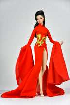 ORDINARY GIRL | Imperial Red Dragon Cape Gown  1/6 Doll Clothes – High Slit Cheongsam Evening Dress with Golden Dragon Armor Detail