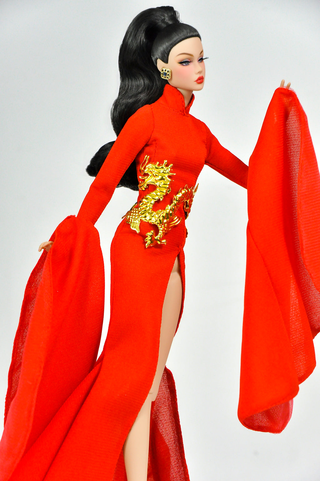 ORDINARY GIRL | Imperial Red Dragon Cape Gown  1/6 Doll Clothes – High Slit Cheongsam Evening Dress with Golden Dragon Armor Detail