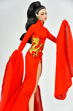 ORDINARY GIRL | Imperial Red Dragon Cape Gown  1/6 Doll Clothes – High Slit Cheongsam Evening Dress with Golden Dragon Armor Detail