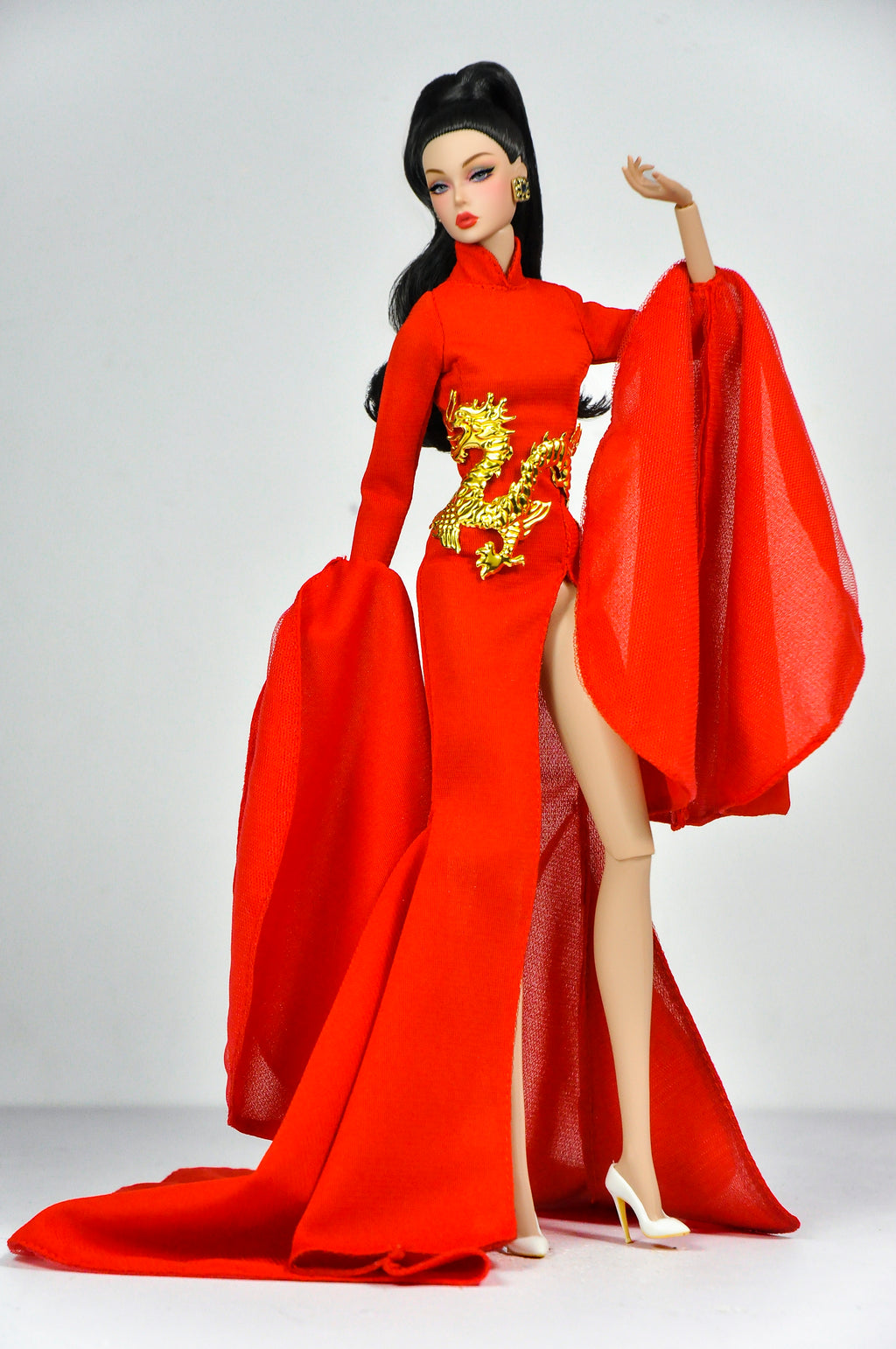 ORDINARY GIRL | Imperial Red Dragon Cape Gown  1/6 Doll Clothes – High Slit Cheongsam Evening Dress with Golden Dragon Armor Detail