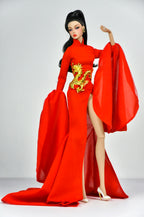ORDINARY GIRL | Imperial Red Dragon Cape Gown  1/6 Doll Clothes – High Slit Cheongsam Evening Dress with Golden Dragon Armor Detail