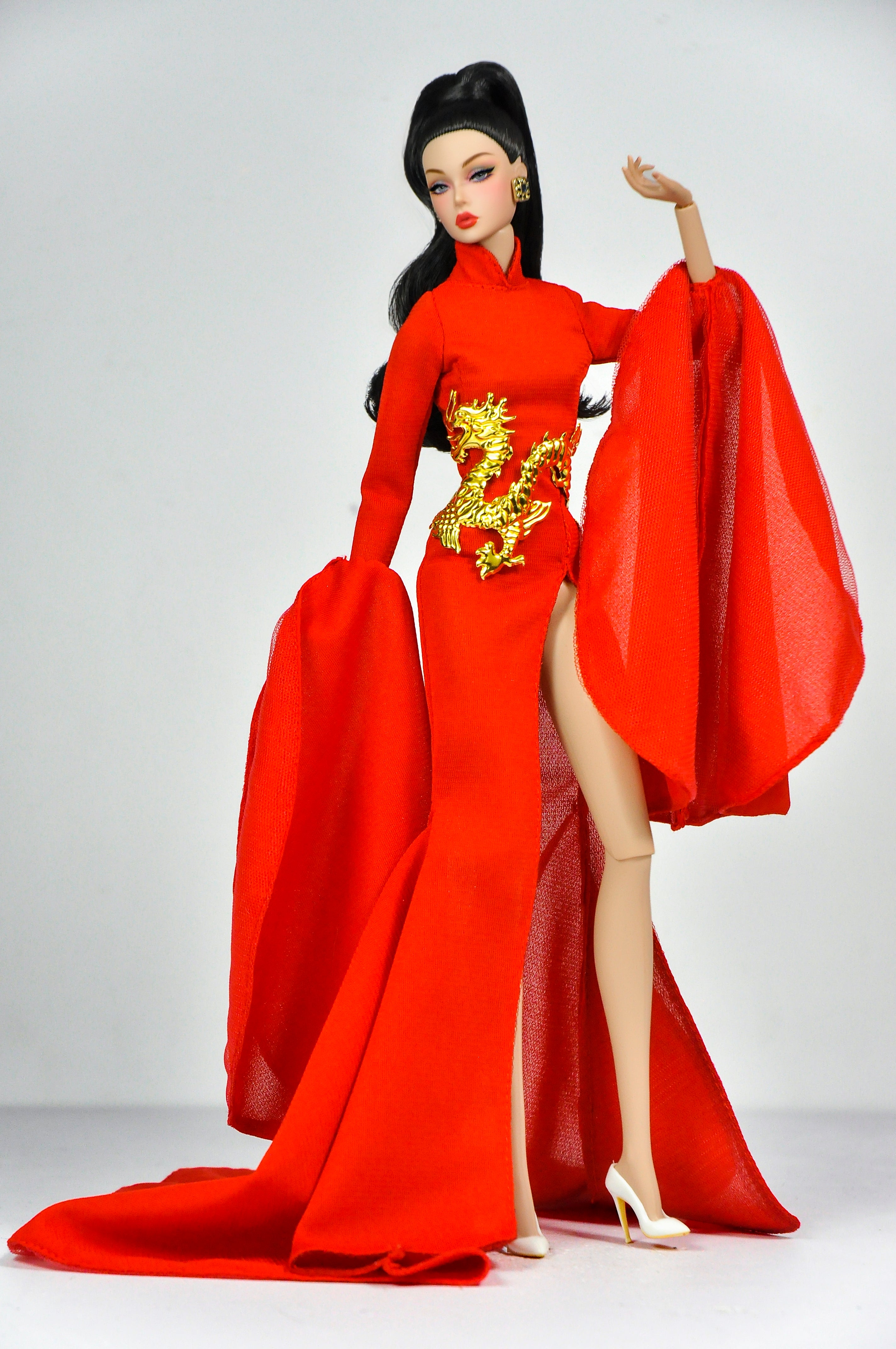 ORDINARY GIRL | Imperial Red Dragon Cape Gown  1/6 Doll Clothes – High Slit Cheongsam Evening Dress with Golden Dragon Armor Detail