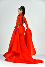 ORDINARY GIRL | Imperial Red Dragon Cape Gown  1/6 Doll Clothes – High Slit Cheongsam Evening Dress with Golden Dragon Armor Detail