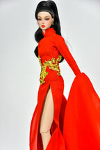 ORDINARY GIRL | Imperial Red Dragon Cape Gown  1/6 Doll Clothes – High Slit Cheongsam Evening Dress with Golden Dragon Armor Detail