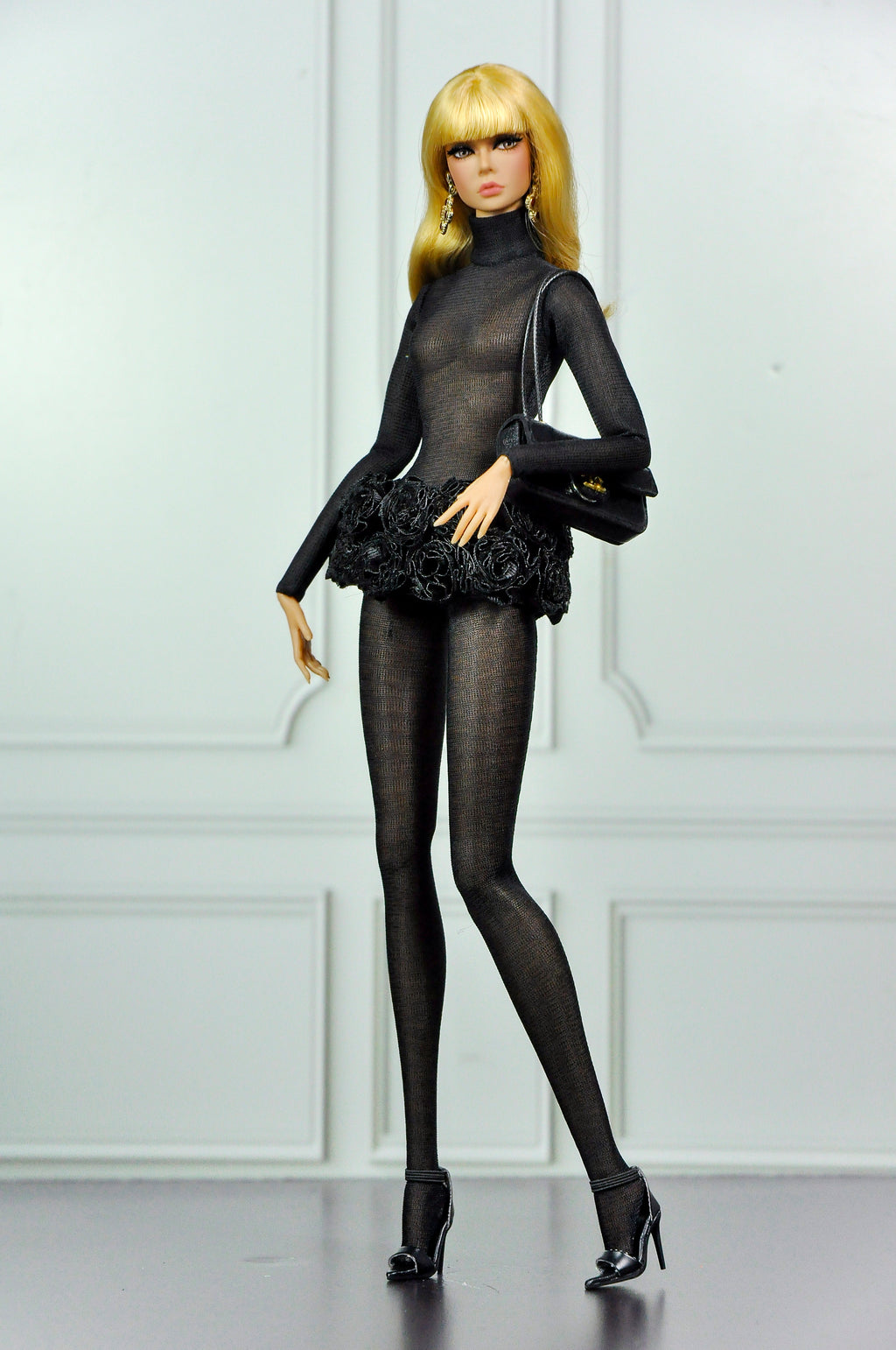 CULINARY CAPTIVATING | Black Sheer Couture Bodysuit & Faux Fur Coat for Fashion Royalty Dolls | Luxury Doll Clothes | Integrity Toys Fashion Set