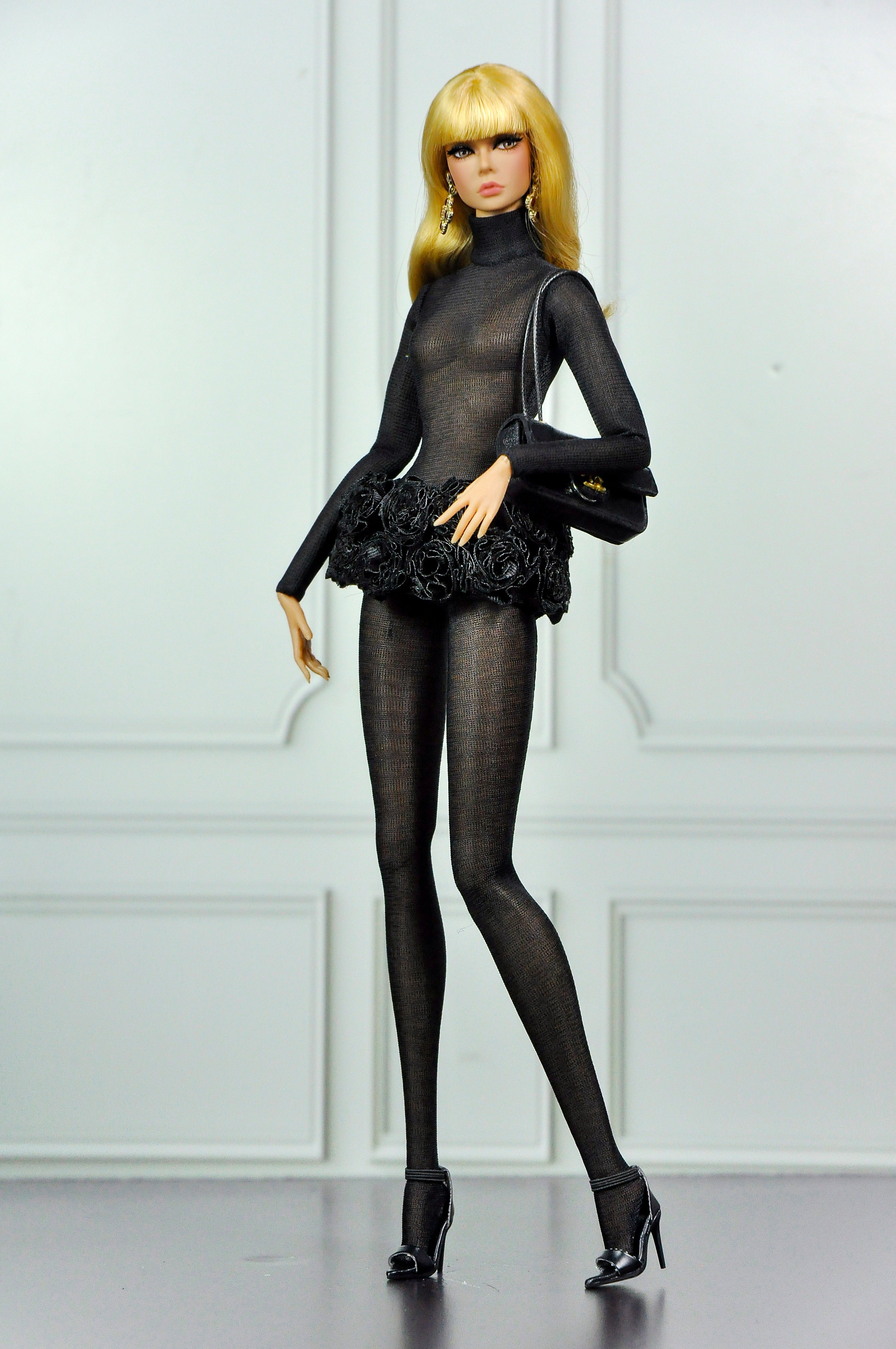 CULINARY CAPTIVATING | Black Sheer Couture Bodysuit & Faux Fur Coat for Fashion Royalty Dolls | Luxury Doll Clothes | Integrity Toys Fashion Set