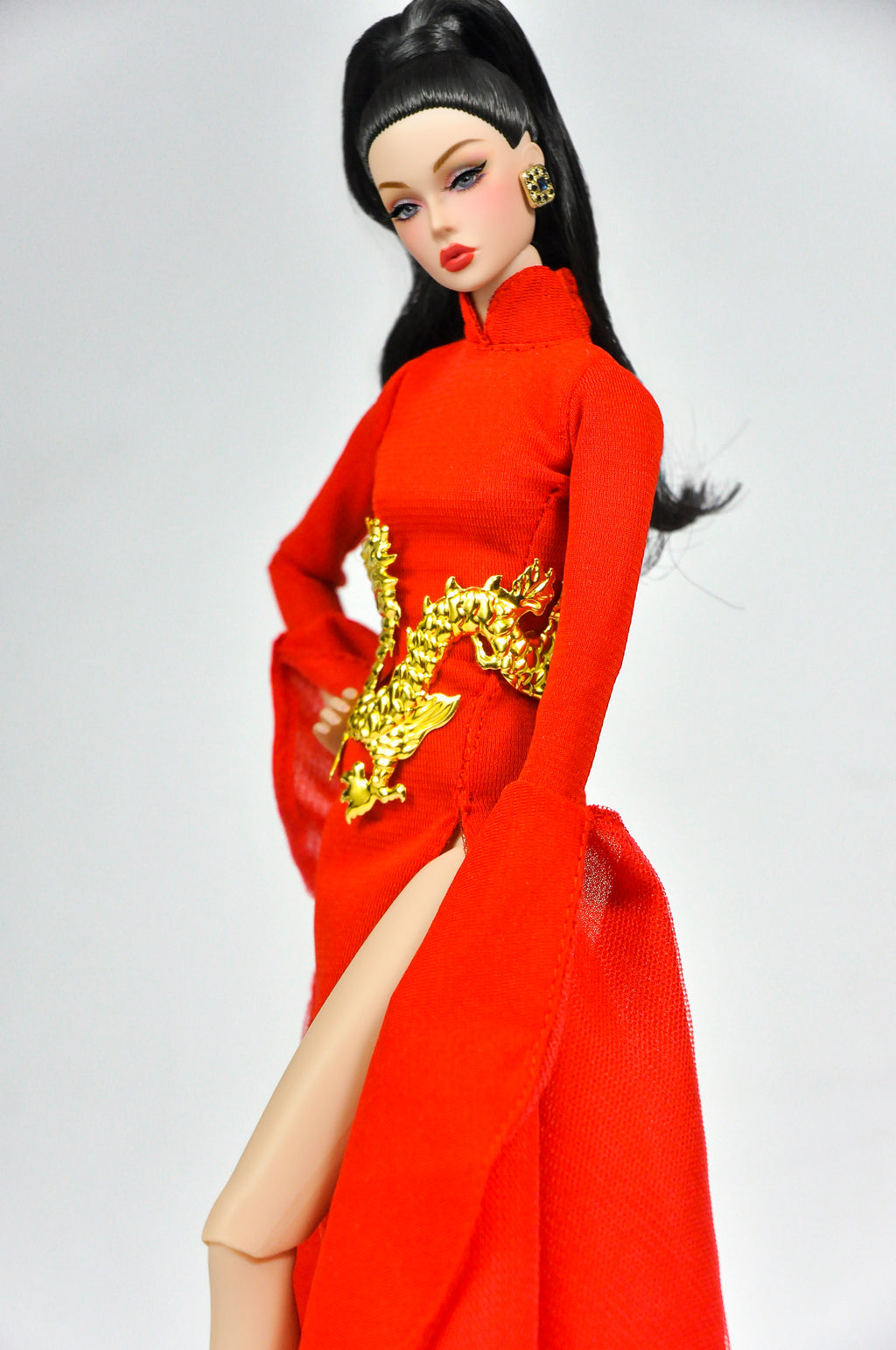 ORDINARY GIRL | Imperial Red Dragon Cape Gown  1/6 Doll Clothes – High Slit Cheongsam Evening Dress with Golden Dragon Armor Detail