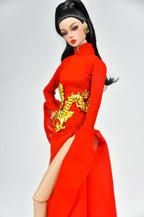 ORDINARY GIRL | Imperial Red Dragon Cape Gown  1/6 Doll Clothes – High Slit Cheongsam Evening Dress with Golden Dragon Armor Detail