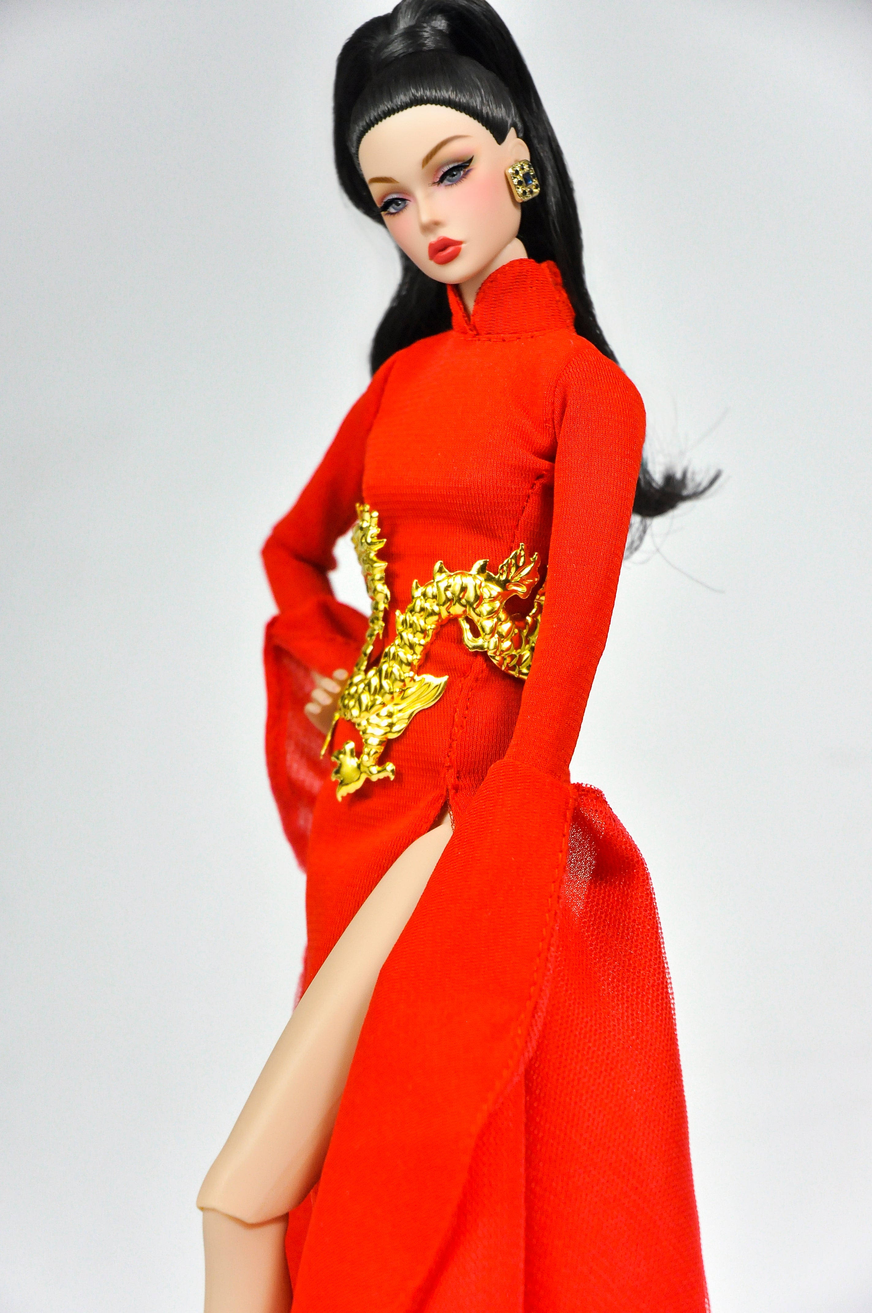 ORDINARY GIRL | Imperial Red Dragon Cape Gown  1/6 Doll Clothes – High Slit Cheongsam Evening Dress with Golden Dragon Armor Detail