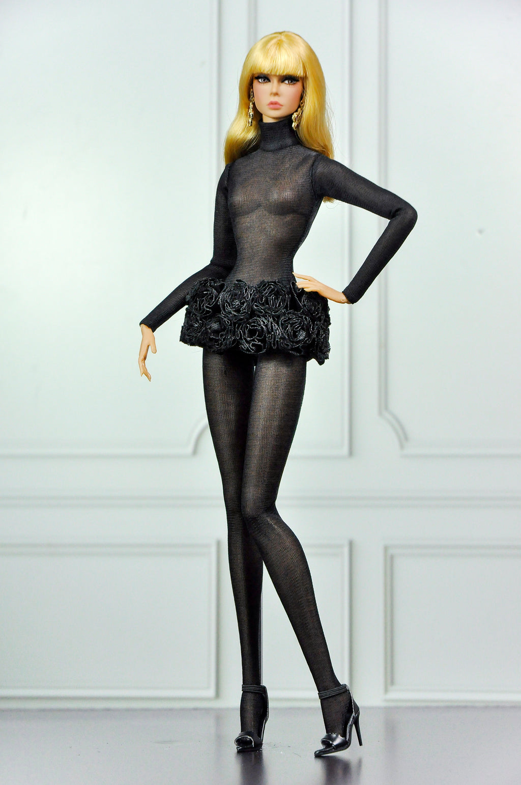 CULINARY CAPTIVATING | Black Sheer Couture Bodysuit & Faux Fur Coat for Fashion Royalty Dolls | Luxury Doll Clothes | Integrity Toys Fashion Set