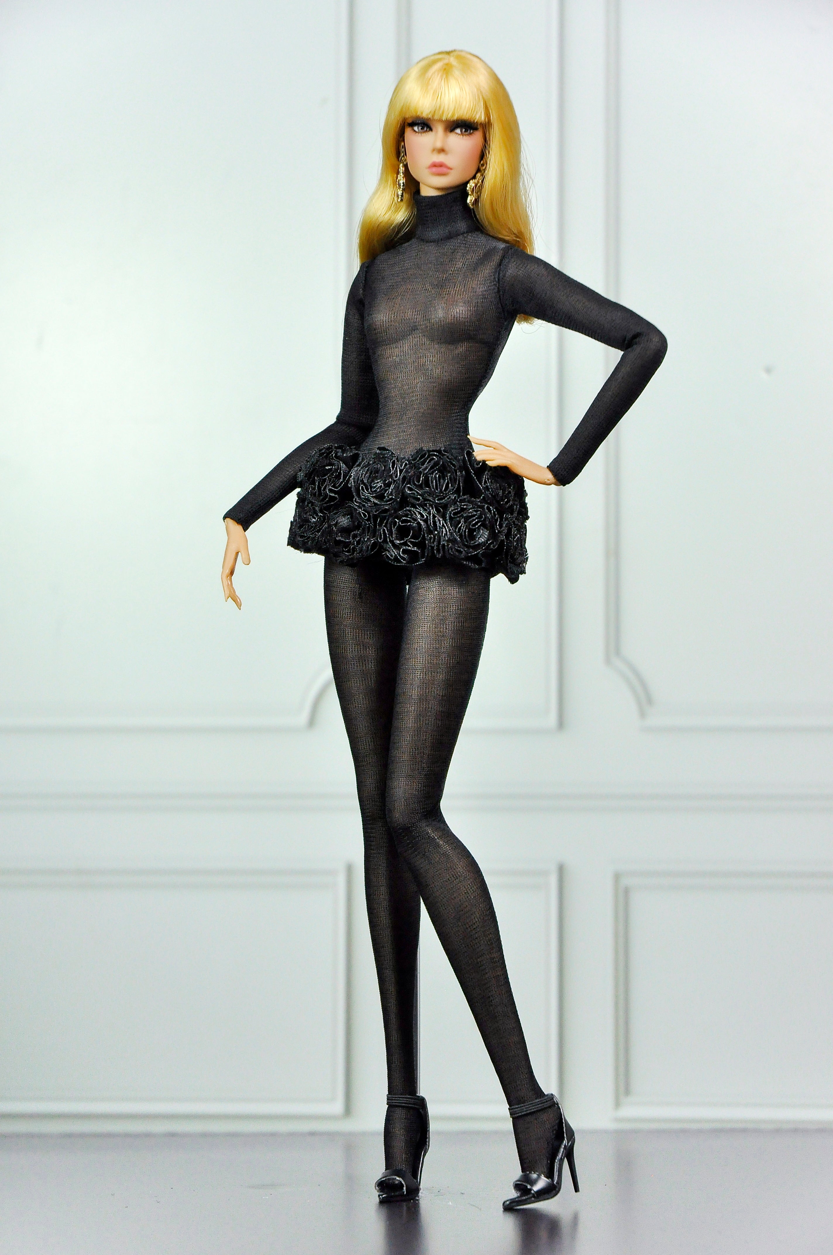 CULINARY CAPTIVATING | Black Sheer Couture Bodysuit & Faux Fur Coat for Fashion Royalty Dolls | Luxury Doll Clothes | Integrity Toys Fashion Set
