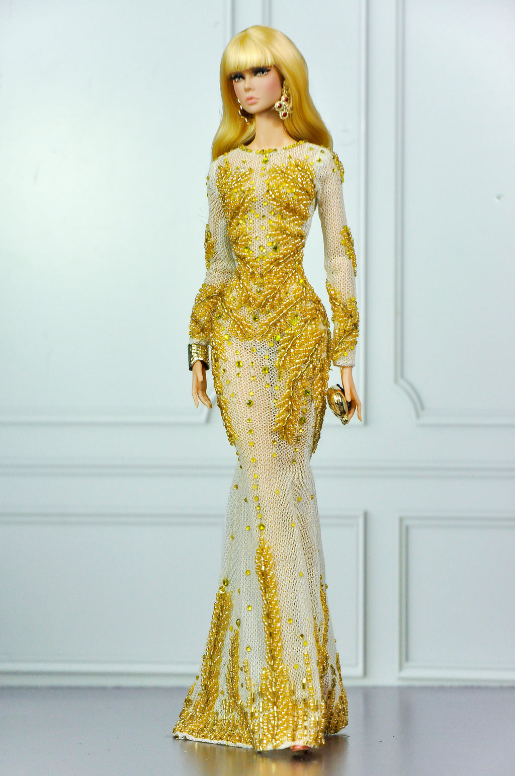 CULINARY CAPTIVATING | Gold Crystal Mermaid Gown for Fashion Royalty Dolls | Luxury Hand-Beaded Couture Dress | Integrity Toys Doll Clothes