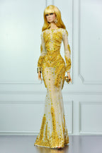 CULINARY CAPTIVATING | Gold Crystal Mermaid Gown for Fashion Royalty Dolls | Luxury Hand-Beaded Couture Dress | Integrity Toys Doll Clothes