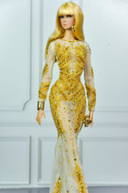 CULINARY CAPTIVATING | Gold Crystal Mermaid Gown for Fashion Royalty Dolls | Luxury Hand-Beaded Couture Dress | Integrity Toys Doll Clothes