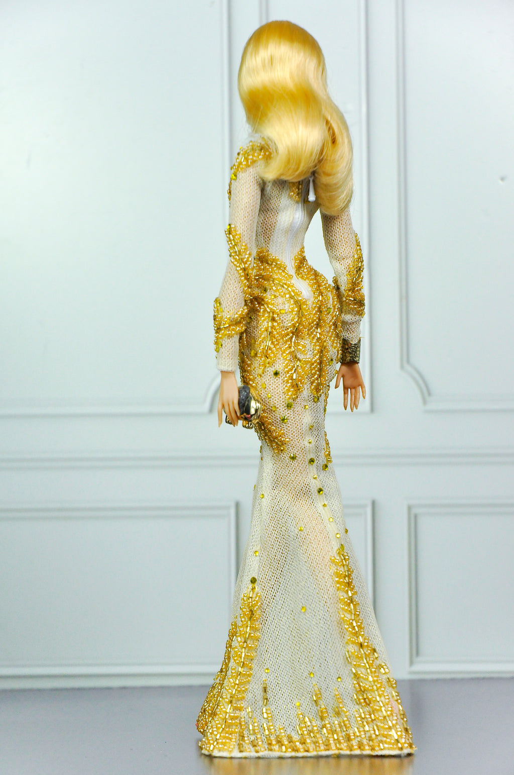 CULINARY CAPTIVATING | Gold Crystal Mermaid Gown for Fashion Royalty Dolls | Luxury Hand-Beaded Couture Dress | Integrity Toys Doll Clothes