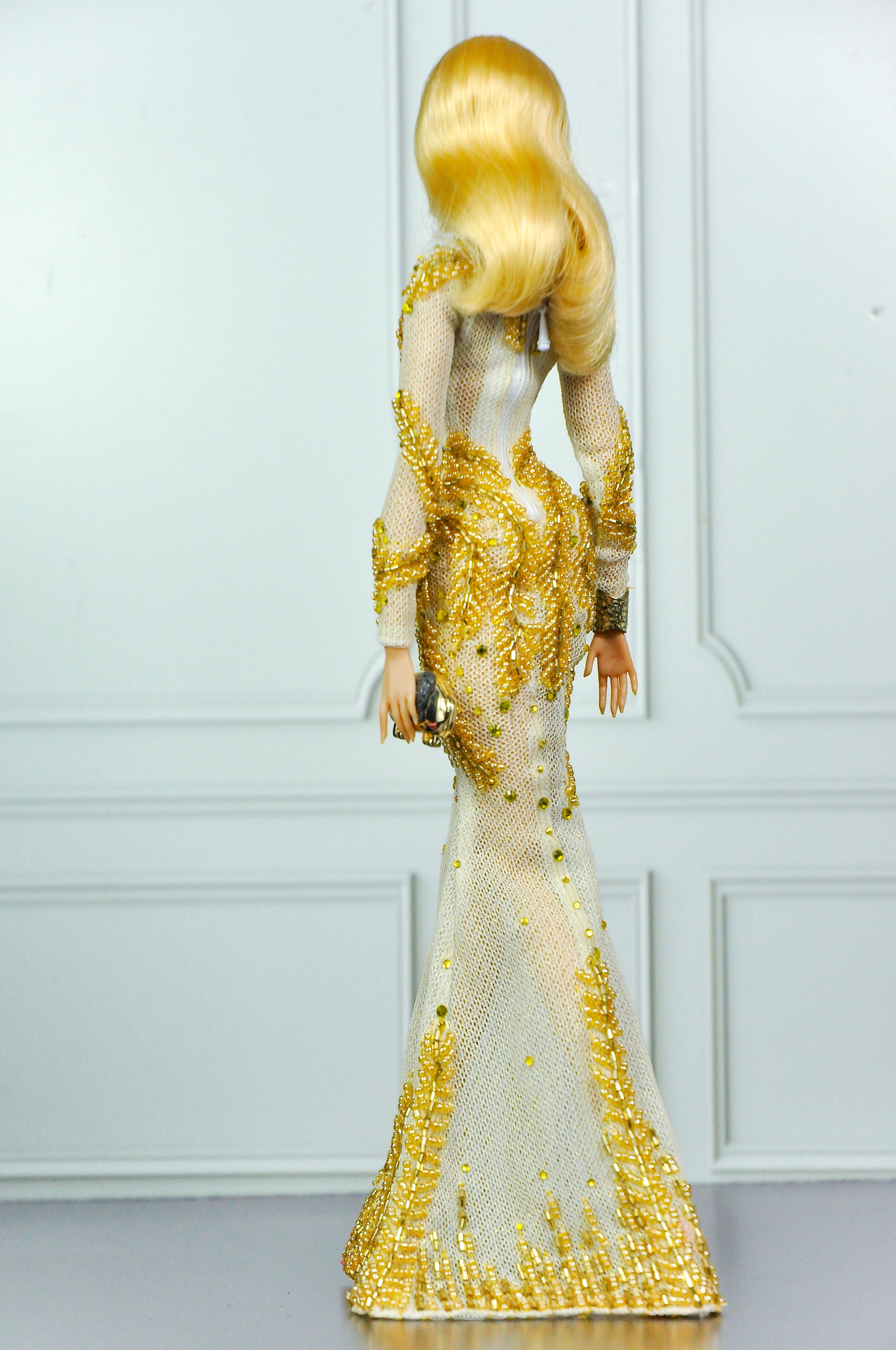CULINARY CAPTIVATING | Gold Crystal Mermaid Gown for Fashion Royalty Dolls | Luxury Hand-Beaded Couture Dress | Integrity Toys Doll Clothes