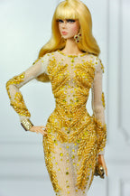 CULINARY CAPTIVATING | Gold Crystal Mermaid Gown for Fashion Royalty Dolls | Luxury Hand-Beaded Couture Dress | Integrity Toys Doll Clothes