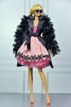 CULINARY CAPTIVATING | Pink Cocktail Dress & Black Statement Coat for Fashion Royalty Dolls | Designer Doll Clothes | Integrity Toys Fashion Outfit